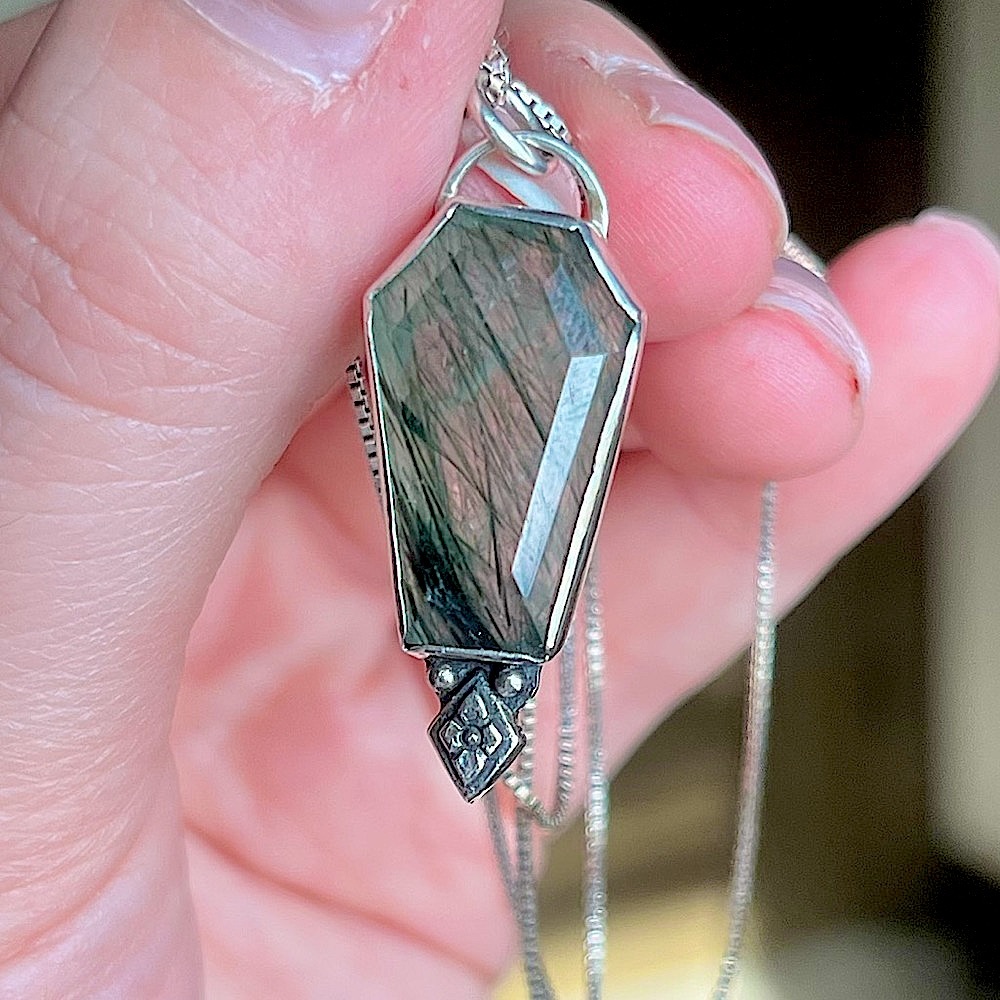 Green Rutile in Quartz Coffin Shape Handmade Sterling Silver Necklace